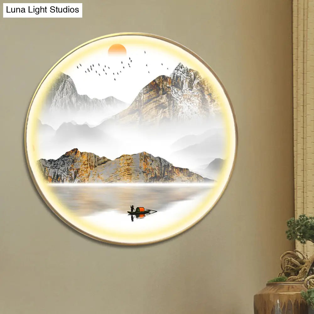 Oriental Led Wall Light With Mountain And Sun Pattern - Gold Mount Fixture
