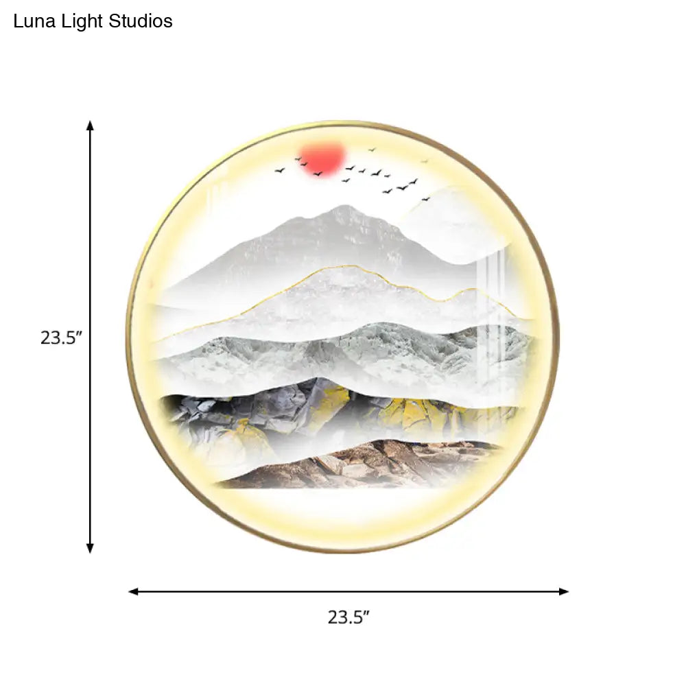 Oriental Led Wall Light With Mountain And Sun Pattern - Gold Mount Fixture
