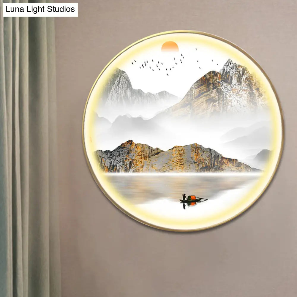 Oriental Led Wall Light With Mountain And Sun Pattern - Gold Mount Fixture