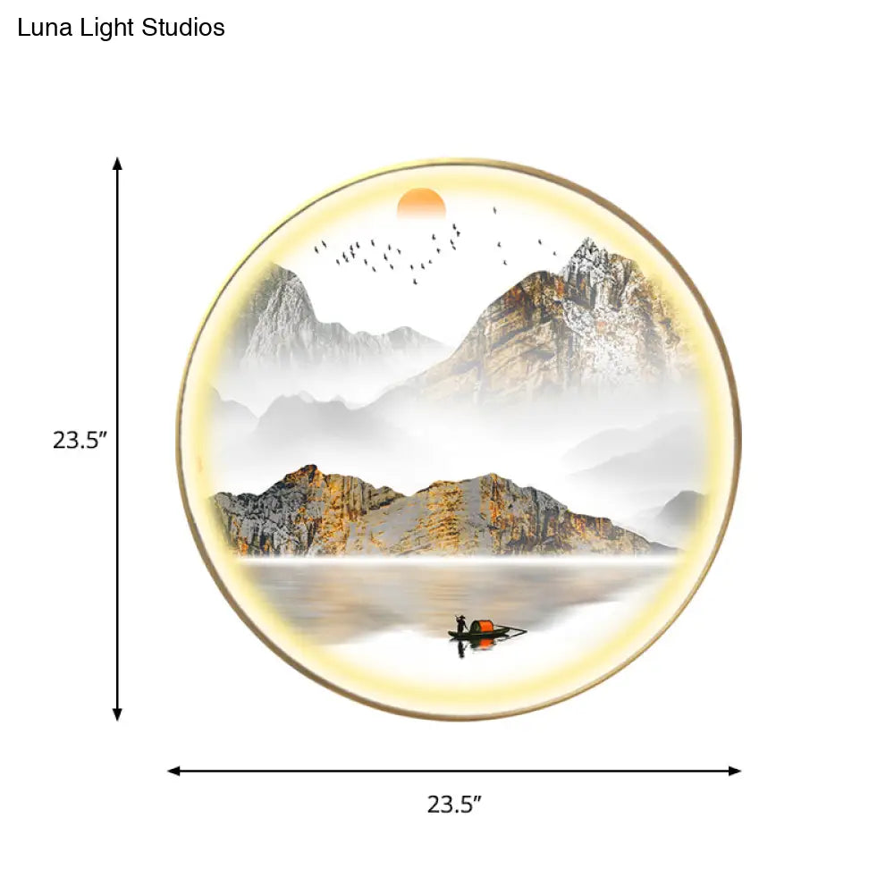 Oriental Led Wall Light With Mountain And Sun Pattern - Gold Mount Fixture