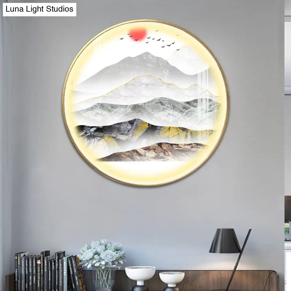 Oriental Led Wall Light With Mountain And Sun Pattern - Gold Mount Fixture