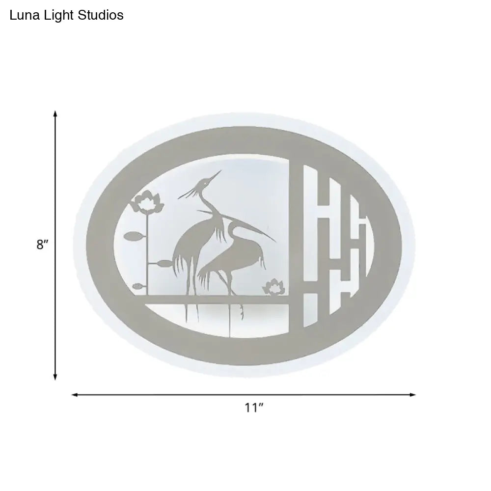 Oval Chinese Style Crane Led Wall Mural Lamp - White