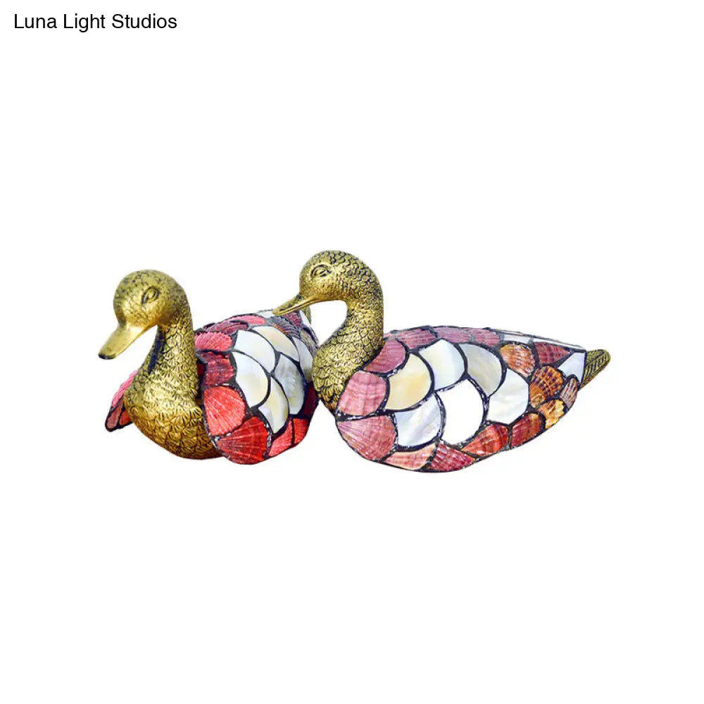 Pair Of Tiffany Creative Brass Shell Nightstand Lamps With Mandarin Duck Design