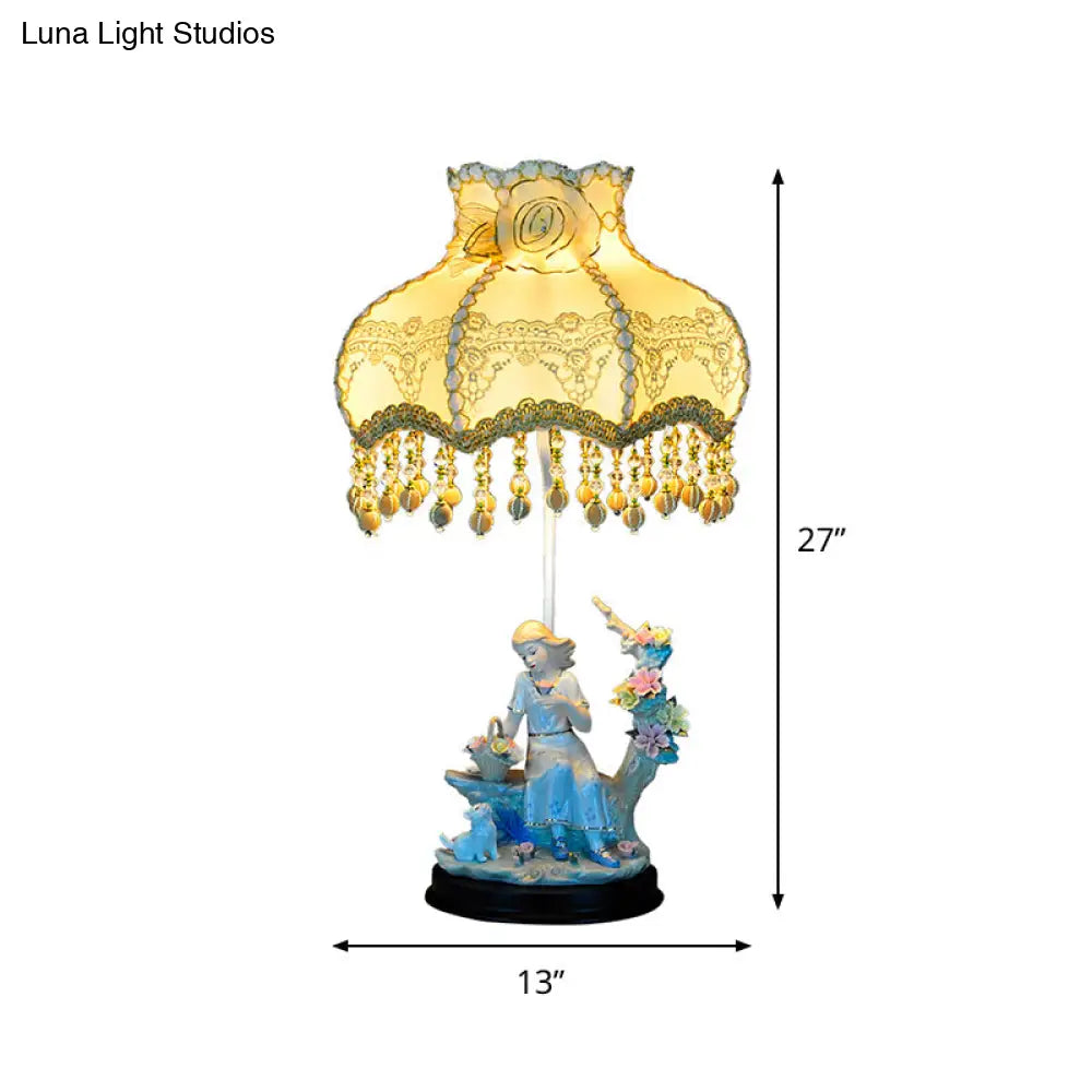Pastoral Girl Ceramic Bedside Lamp In Beige With Fabric Shade