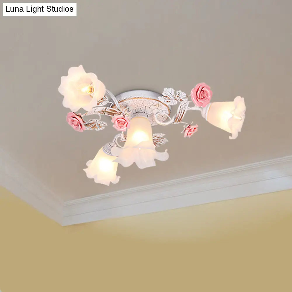 Pastoral White Glass Ceiling Light With Sputnik Design - 4/6/7 - Bulb Semi Mount For Bedroom