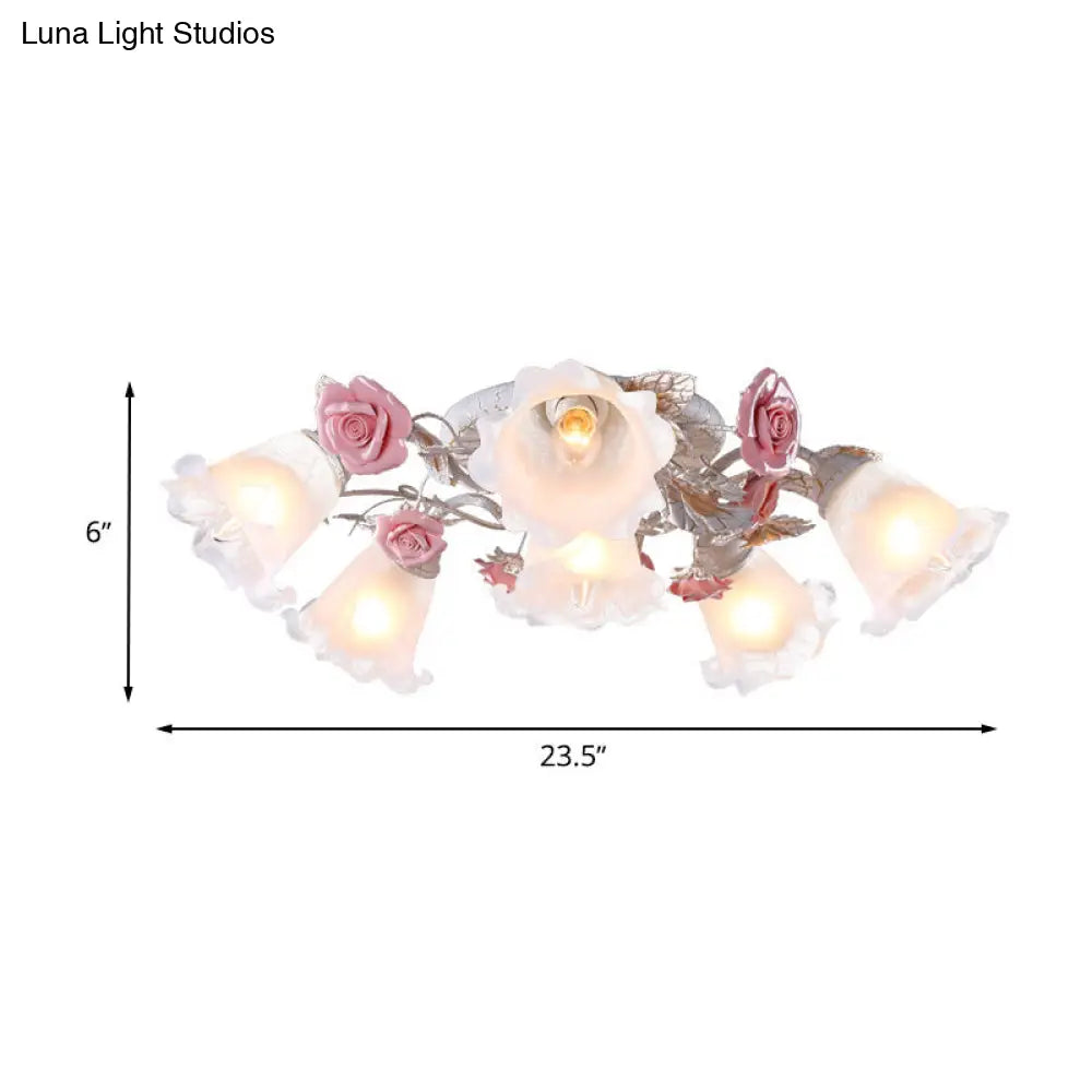Pastoral White Glass Ceiling Light With Sputnik Design - 4/6/7 - Bulb Semi Mount For Bedroom