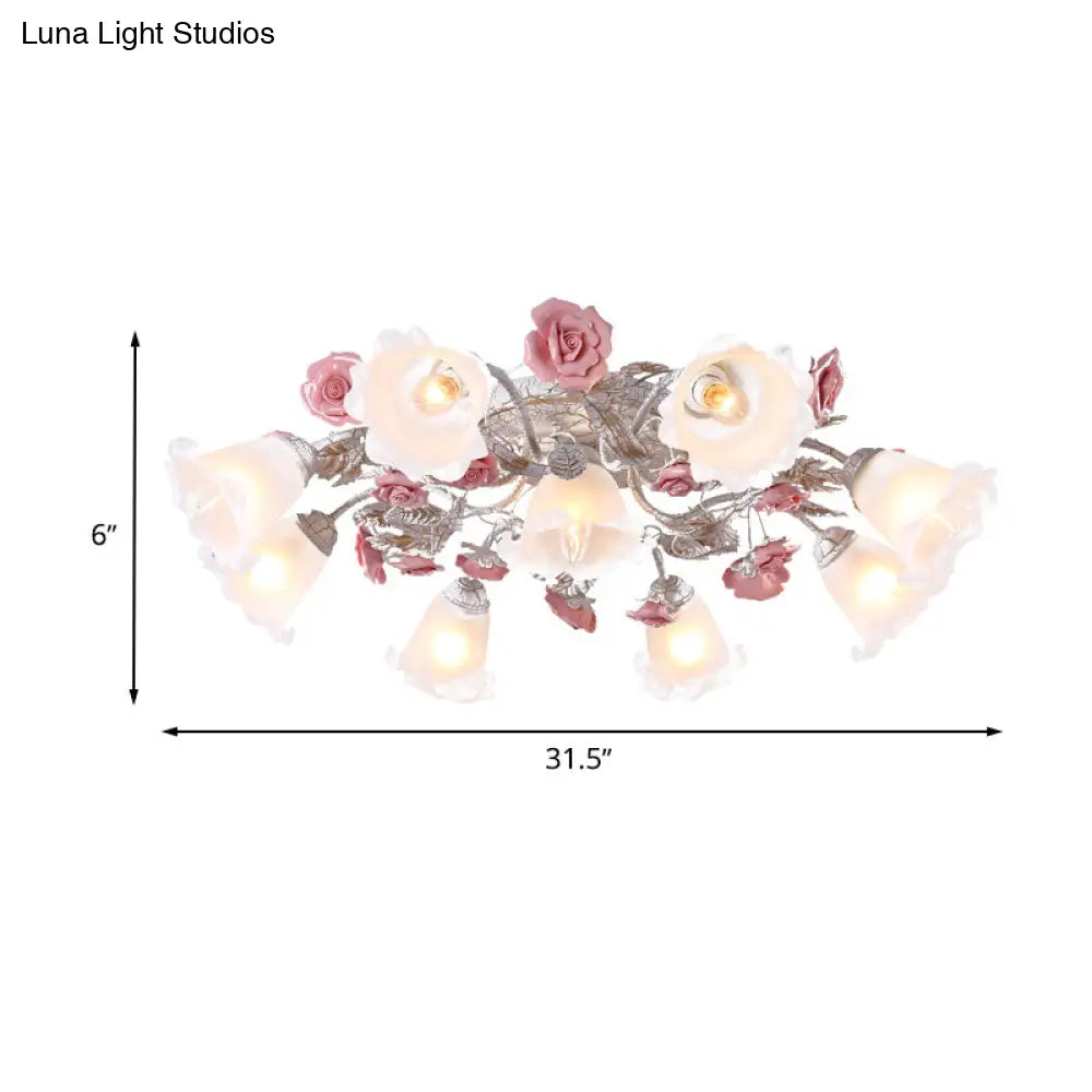 Pastoral White Glass Ceiling Light With Sputnik Design - 4/6/7 - Bulb Semi Mount For Bedroom