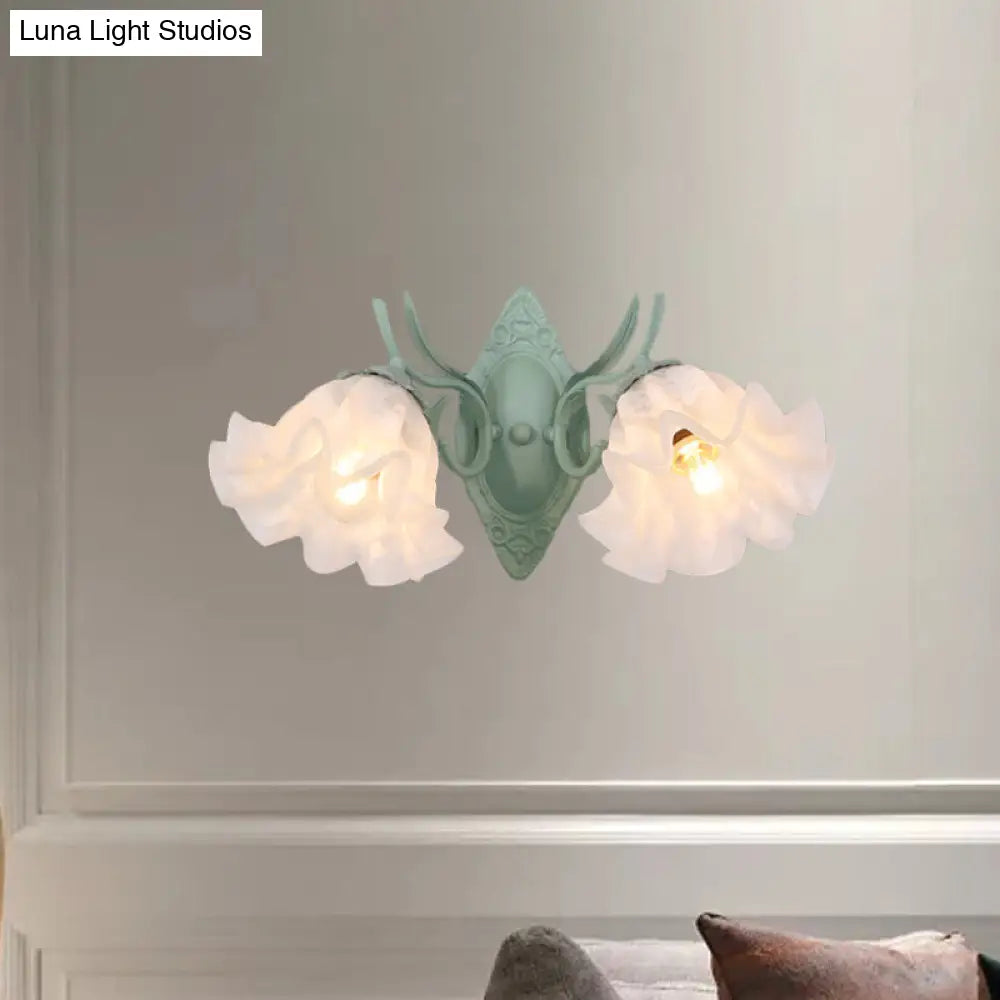 Pastoral White Glass Wall Sconce Lamp With Green Scalloped Design - 2 Bulb Lighting Fixture For