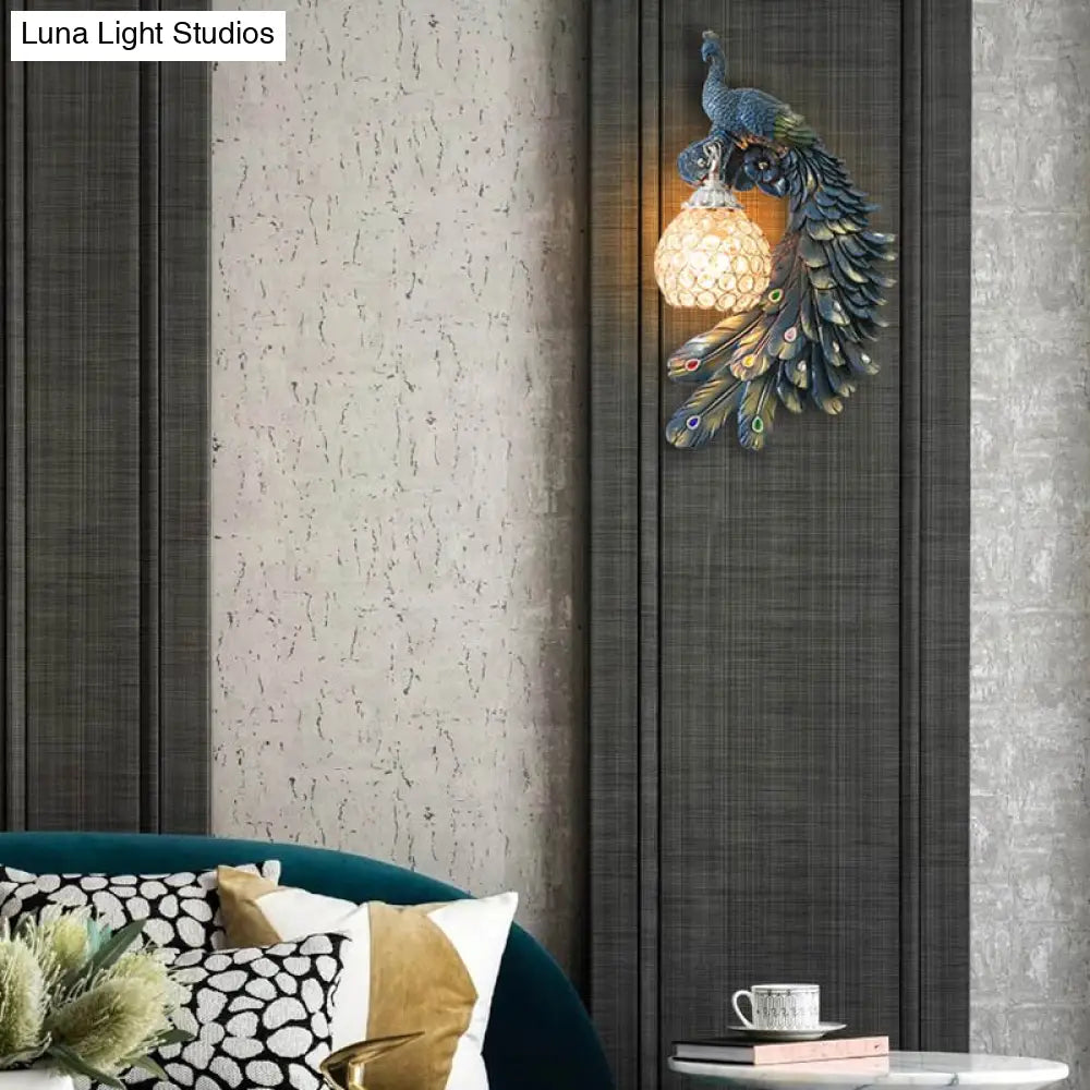 Peacock Blue Lodge Resin Wall Sconce Lighting With Clear Crystal Dome Shade - 1 Light Bedside
