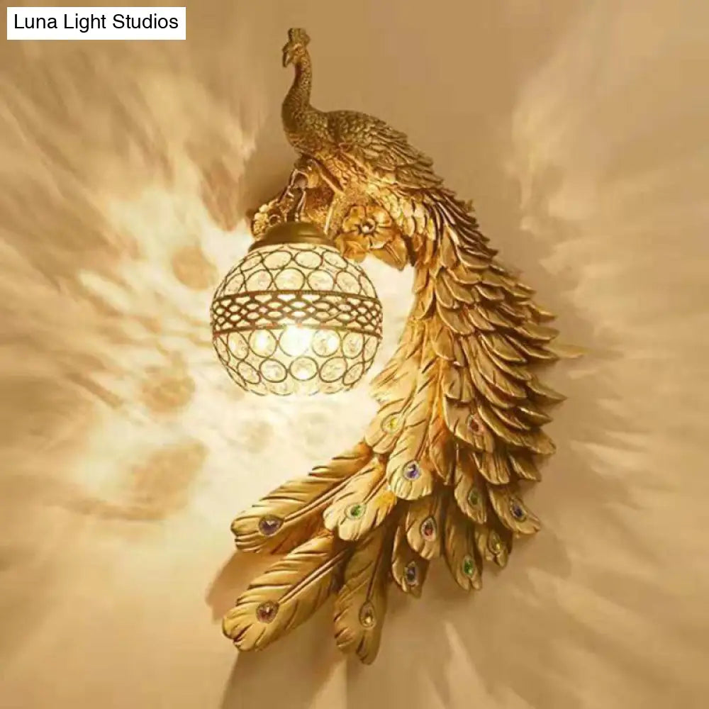 Peacock Resin Wall Sconce With Crystal Embedded Globe Shade