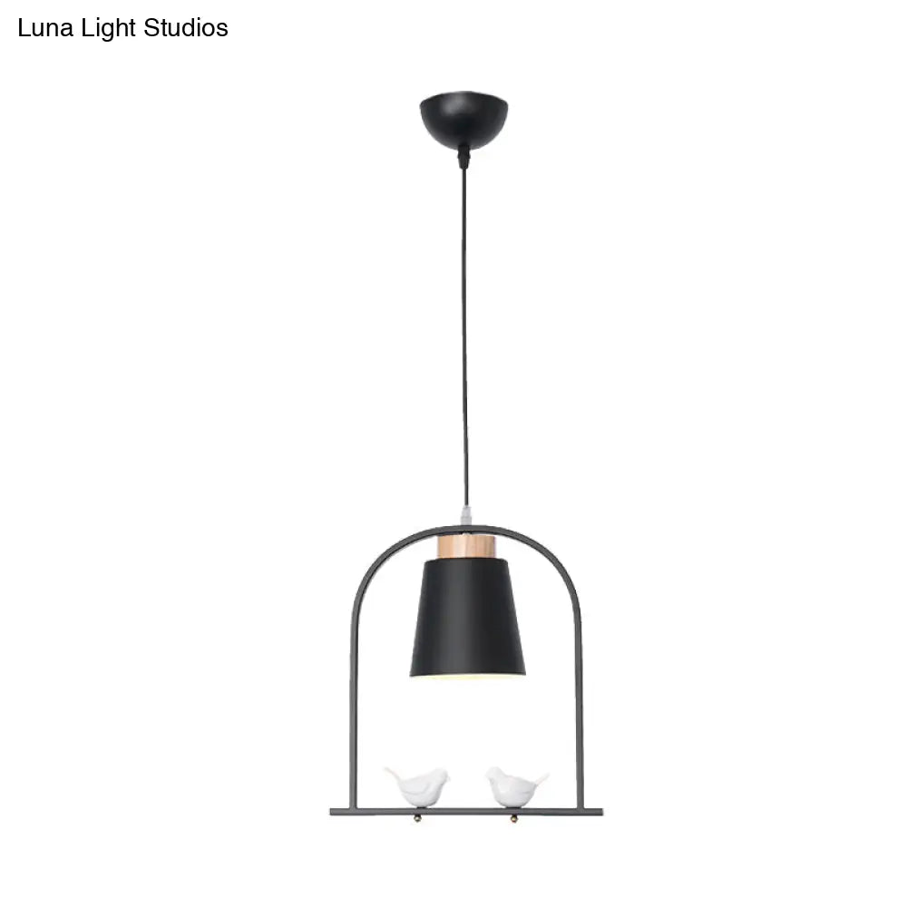 Pendulum Macaron Light Kit: Iron Bucket Lamp With Arch Frame & Bird Decor Grey/Yellow/Pink 1 Head