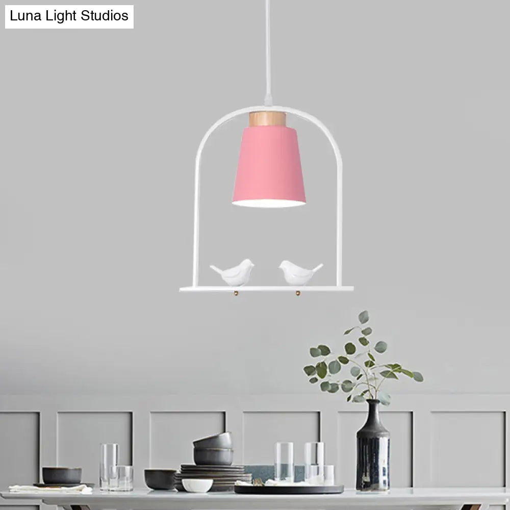 Pendulum Macaron Light Kit: Iron Bucket Lamp With Arch Frame & Bird Decor Grey/Yellow/Pink 1 Head