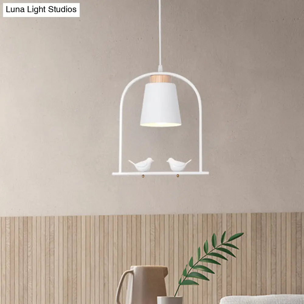 Pendulum Macaron Light Kit: Iron Bucket Lamp With Arch Frame & Bird Decor Grey/Yellow/Pink 1 Head