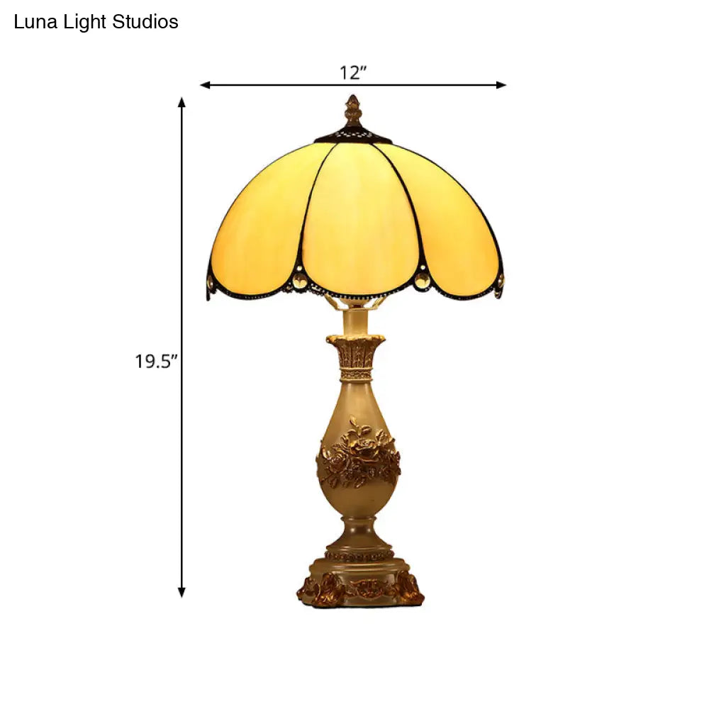 Petals Nightstand Light: Single-Bulb Beige Glass Table Lamp With Carved Vase Base