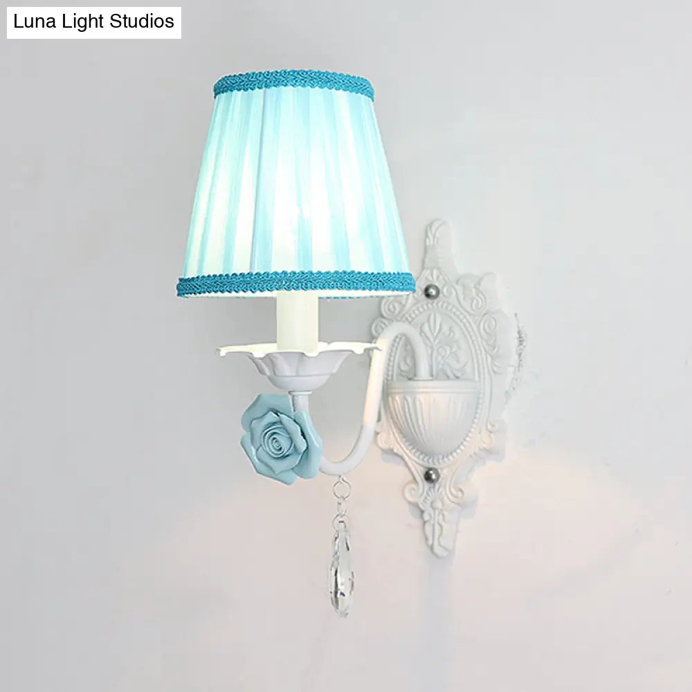 Pleated Fabric Wall Sconce: Pastoral Pink/Blue Bedside Light With Rose Decor