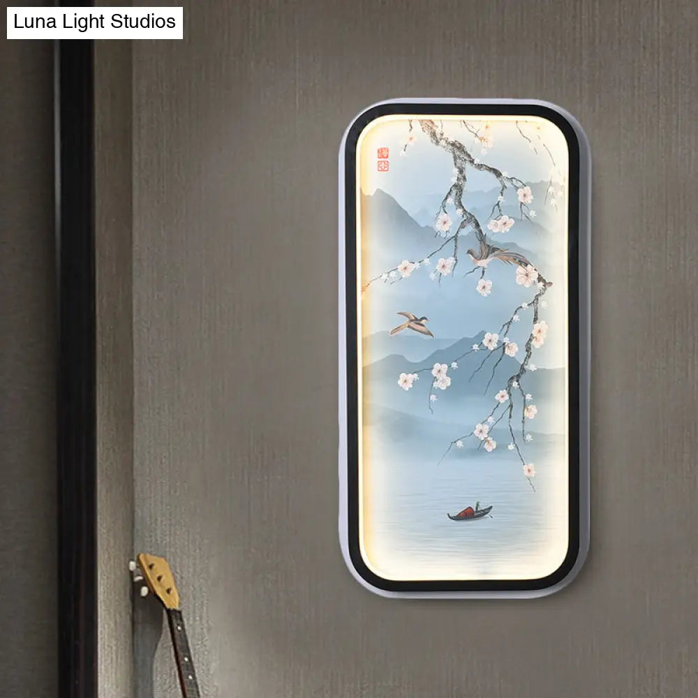 Plum Blossom Led Wall Sconce Lighting In Blue: Asian-Inspired Light Fabric For Living Room Mural