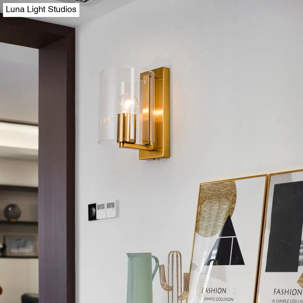 Post Modern Brass Finish Wall Lamp With Clear/Textured White Glass - Cylindric Sconce Design (1