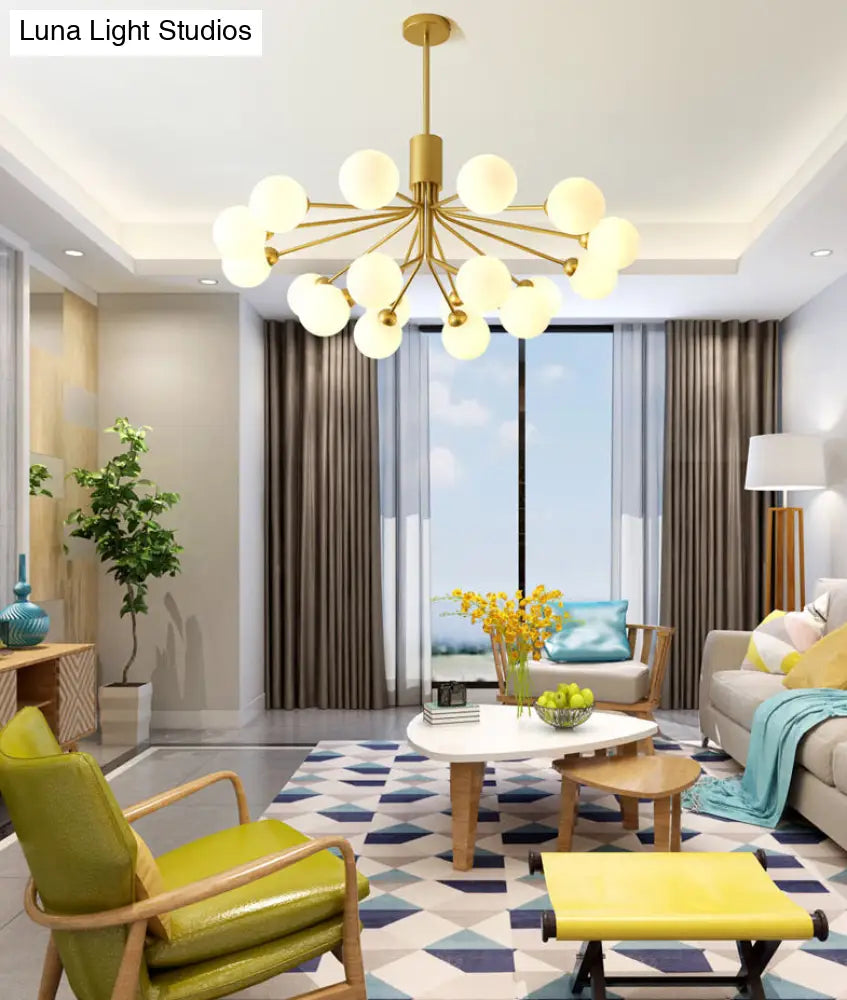Post-Modern Starburst Chandelier With Opal Glass Shade In Gold - Perfect For Living Room