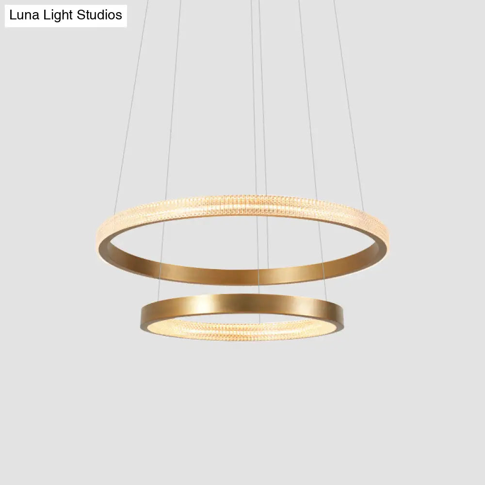 Postmodern Aluminum Led Chandelier With Gold Finish - 2/3 Tiered Hoop Pendant Light