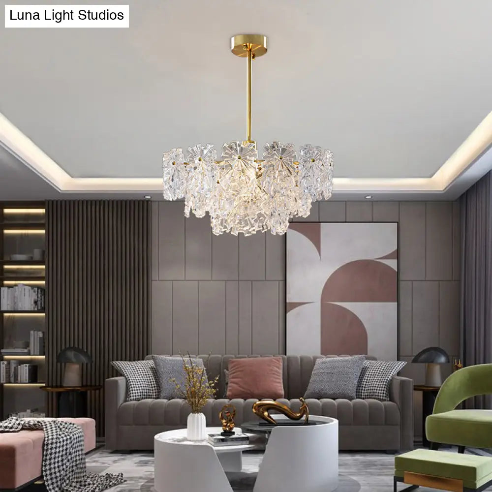 Postmodern Brass Finish Floral Glass Chandelier: Elegant Tiered Hanging Light For Living Room