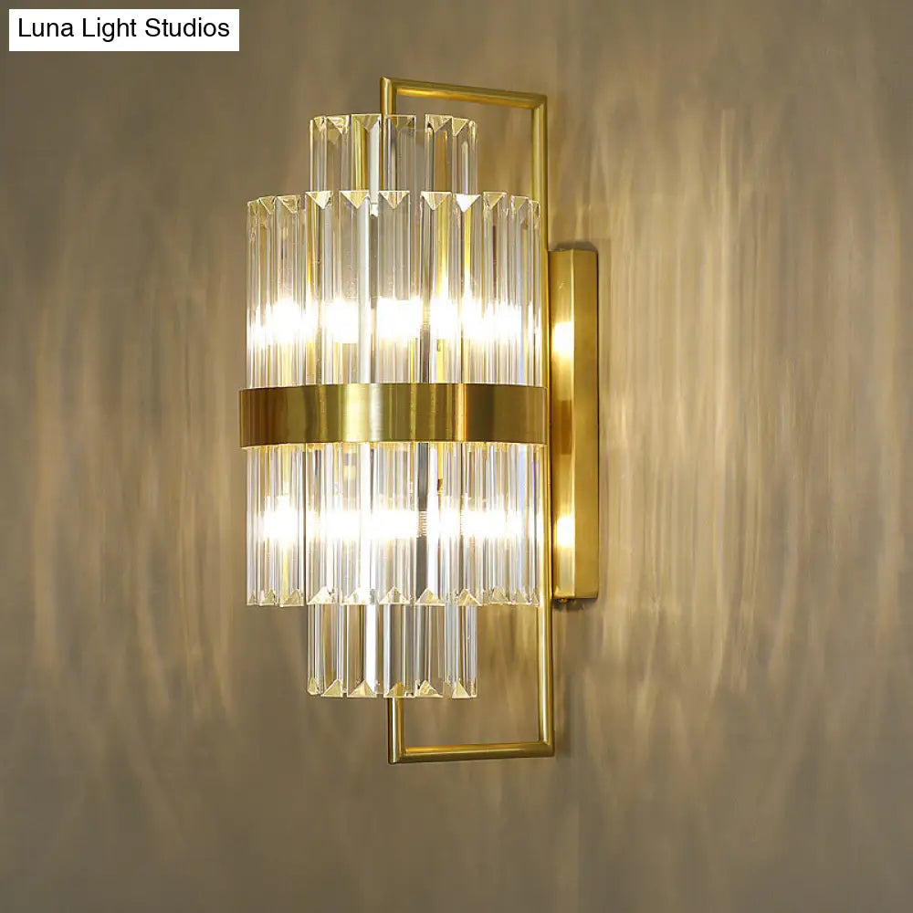 Postmodern Crystal Block Wall Sconce In Gold With 2 Cylinder Lights - Ideal For Corridors