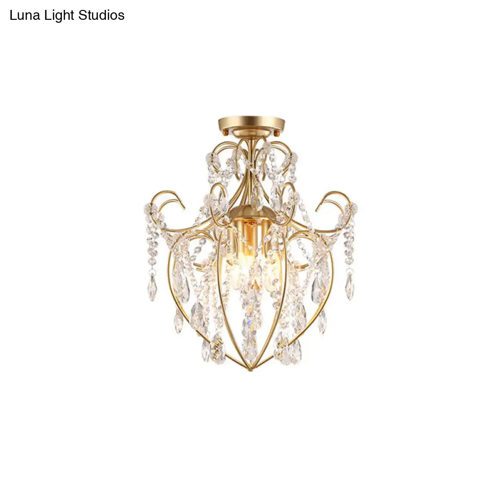 Postmodern Crystal Strand Brass Ceiling Fixture - Curve Arm Semi Flush Mount With 3 Lights