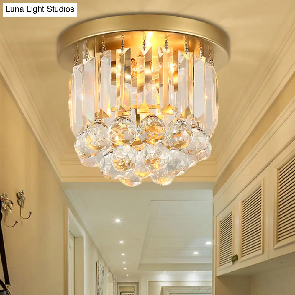 Postmodern Drum Ceiling Light With Crystal Shade - Metal Flush Mount 2 Lights For Corridor
