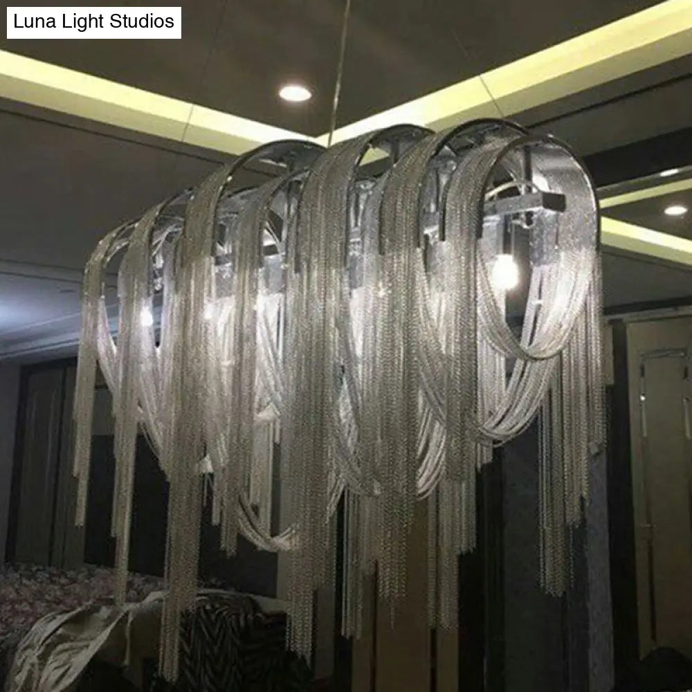 Postmodern Silver Lobby Chandelier: Arch Aluminum Chain 12-Bulb Suspension Light