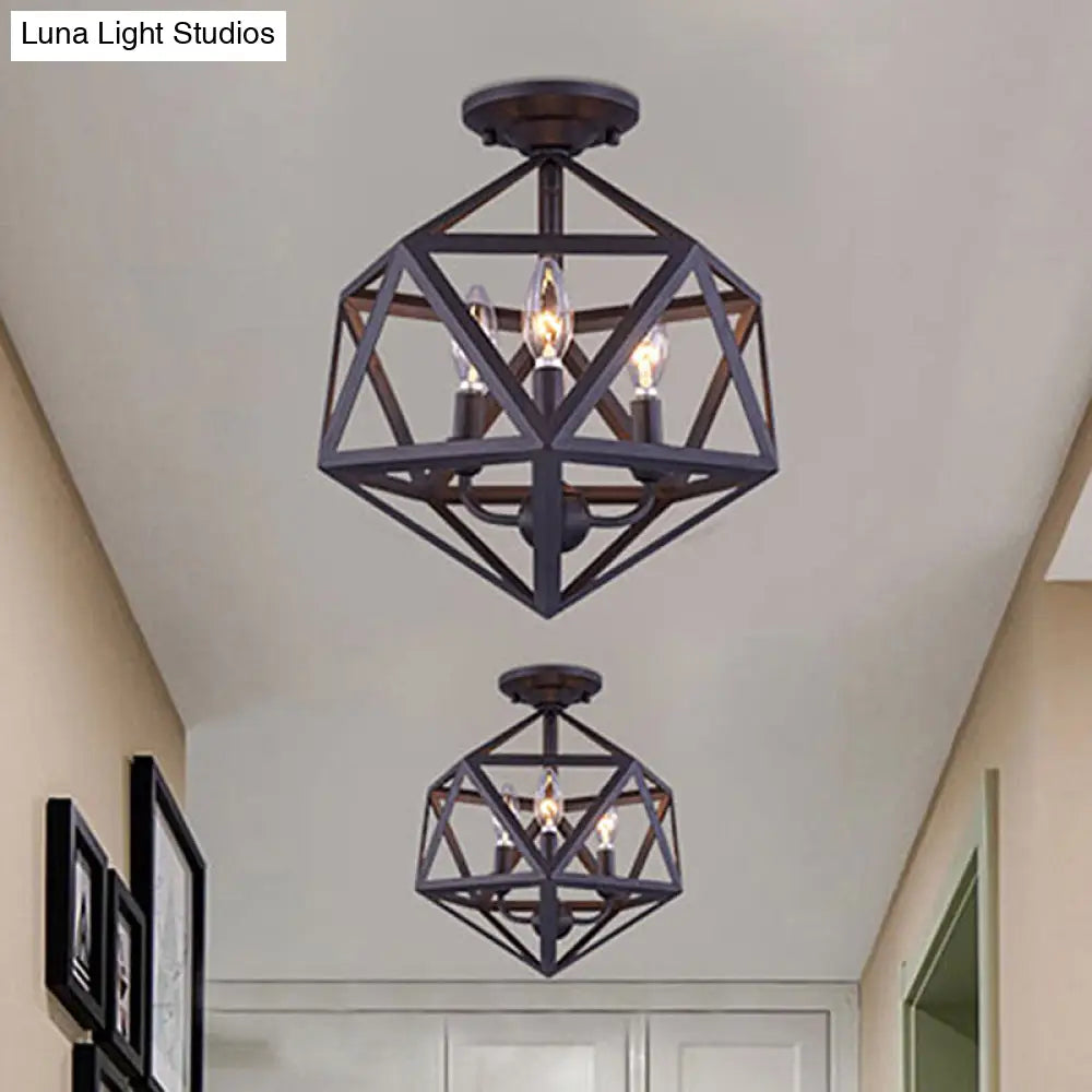 Prism Cage Metallic Semi Flush Light - Industrial Style 3 Bulb Ceiling Lamp Bronze Finish