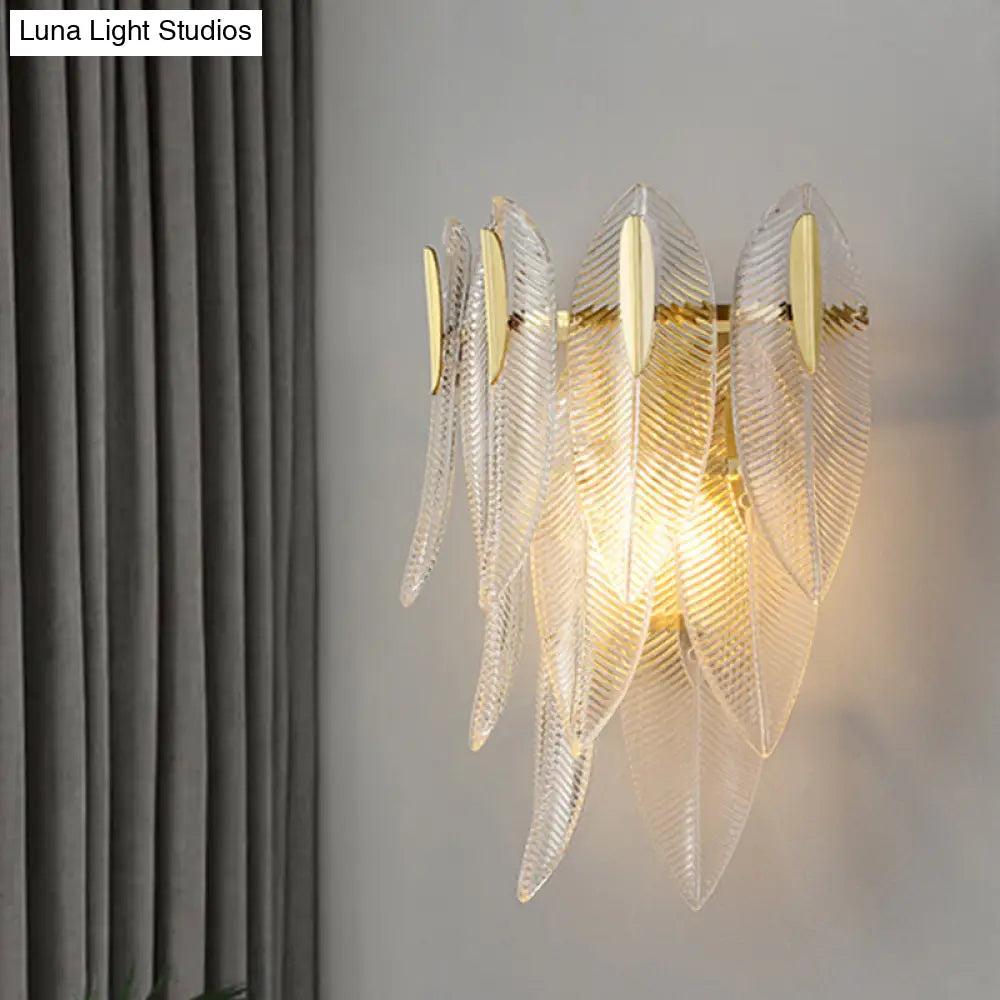 Prismatic Crystal Leaf Wall Sconce - Minimalist Gold Light Fixture (2 Lights)