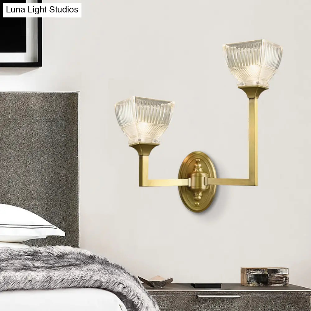 Prismatic Glass Torch Sconce Light - Modernist Wall Lamp With Gold Arm