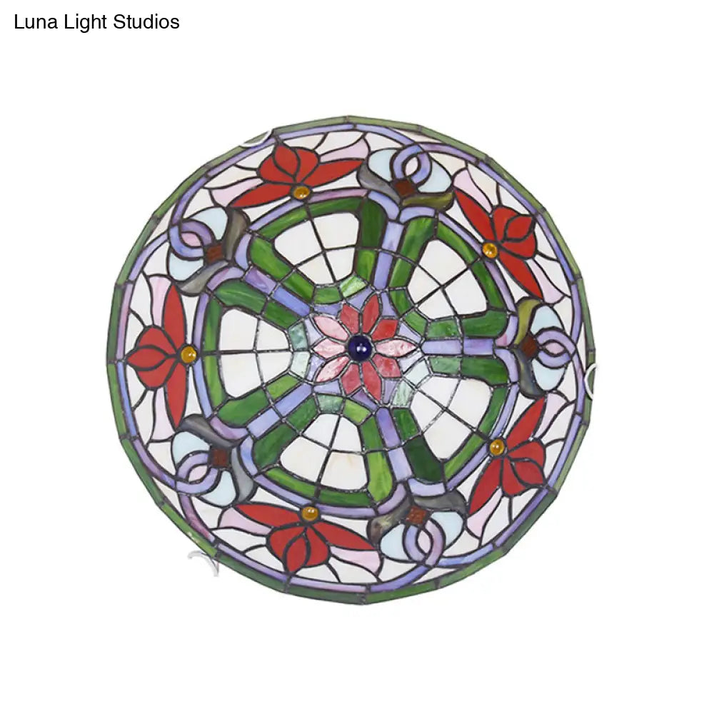 Red Flower Tiffany Stained Glass Ceiling Light: Round Flush Mount For Bedroom