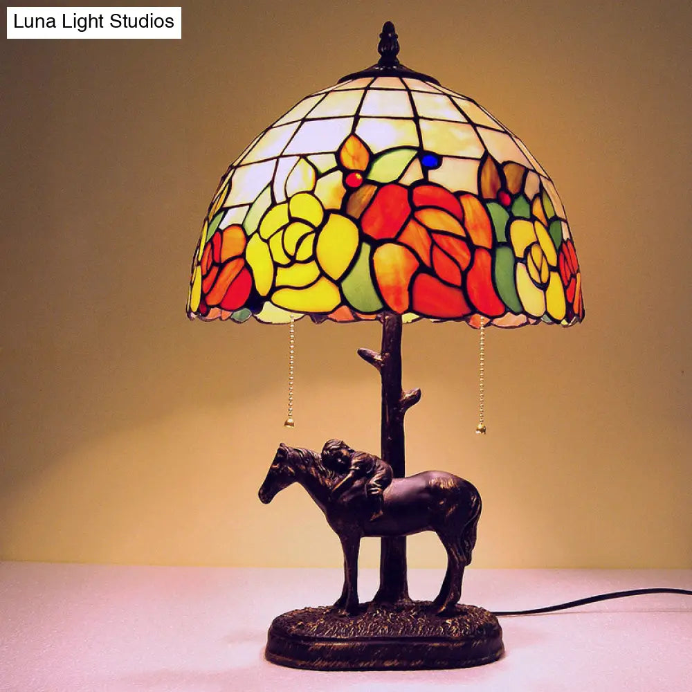 Resin Dark Brown Pull-Chain Night Lamp - Tiffany Table Light With Kid Sleeping On Horseback 2 Bulbs