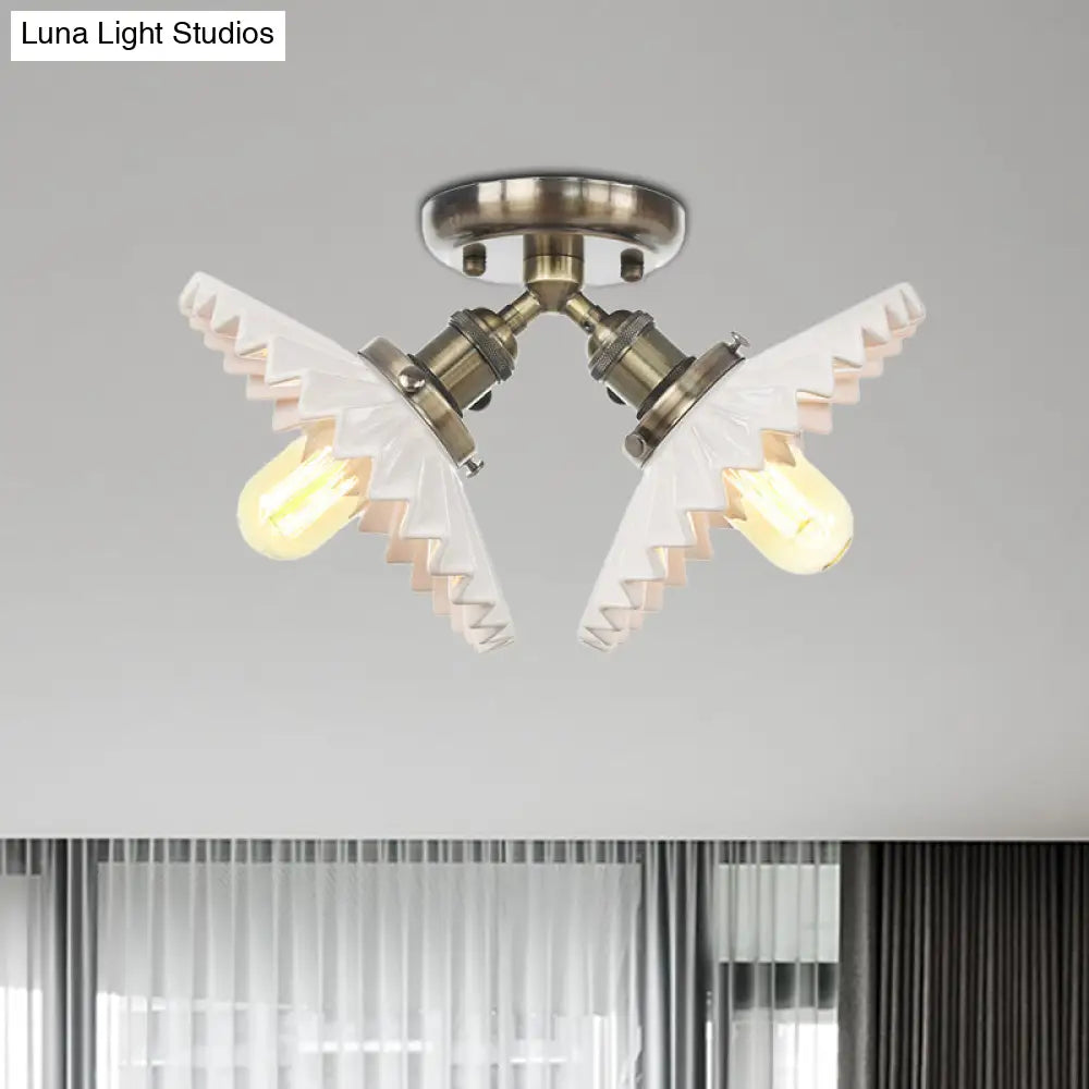 Restaurant Ceiling Light With Scalloped Milk Glass Shade In Black/Bronze Semi-Flush Mount