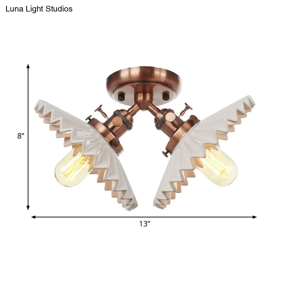 Restaurant Ceiling Light With Scalloped Milk Glass Shade In Black/Bronze Semi-Flush Mount
