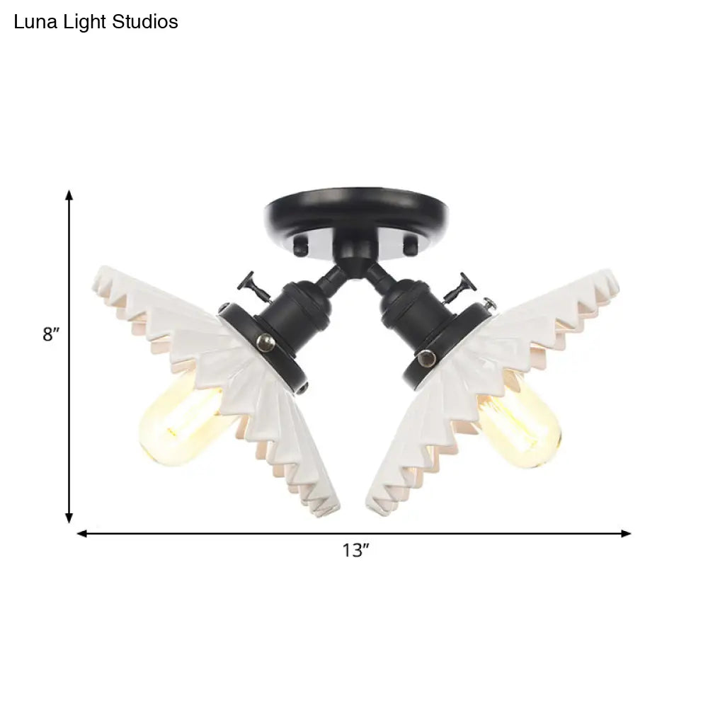 Restaurant Ceiling Light With Scalloped Milk Glass Shade In Black/Bronze Semi-Flush Mount