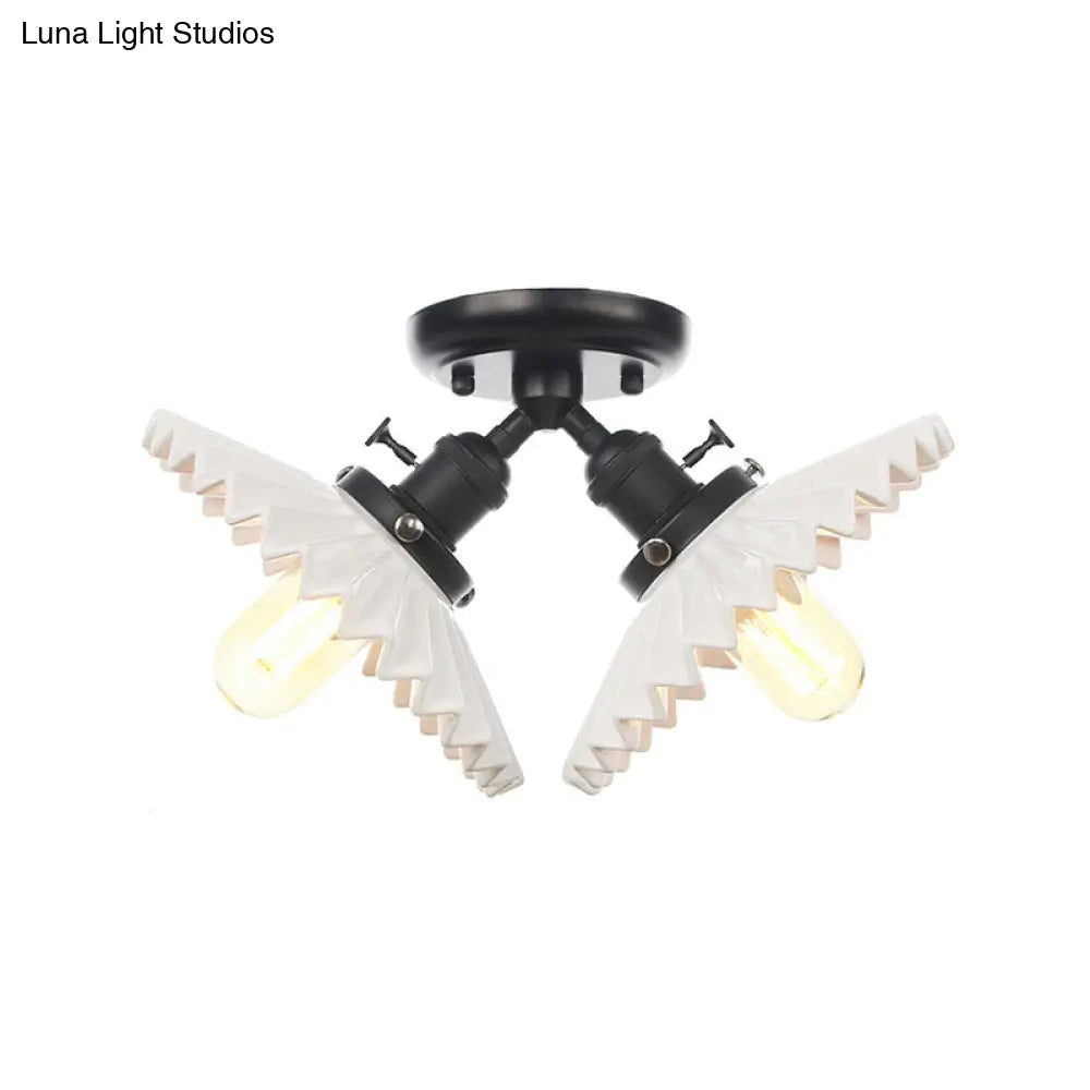Restaurant Ceiling Light With Scalloped Milk Glass Shade In Black/Bronze Semi-Flush Mount