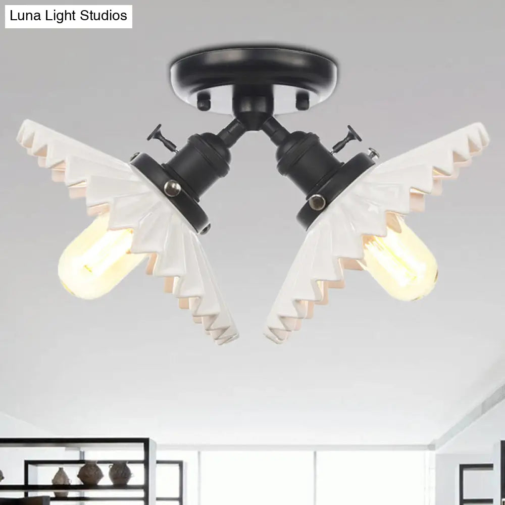 Restaurant Ceiling Light With Scalloped Milk Glass Shade In Black/Bronze Semi-Flush Mount