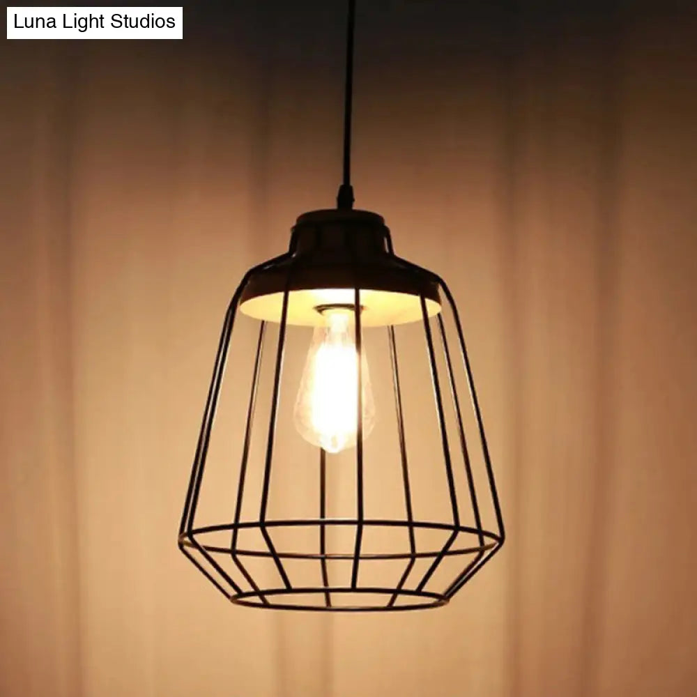 Restaurant Wire Cage Pendant Light: Black Metal Industrial Retro Hanging Lamp