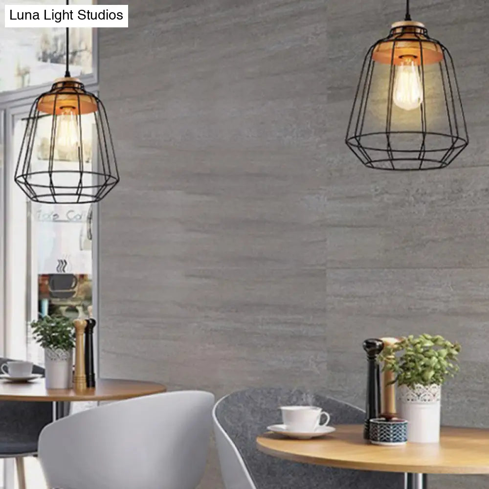 Restaurant Wire Cage Pendant Light: Black Metal Industrial Retro Hanging Lamp