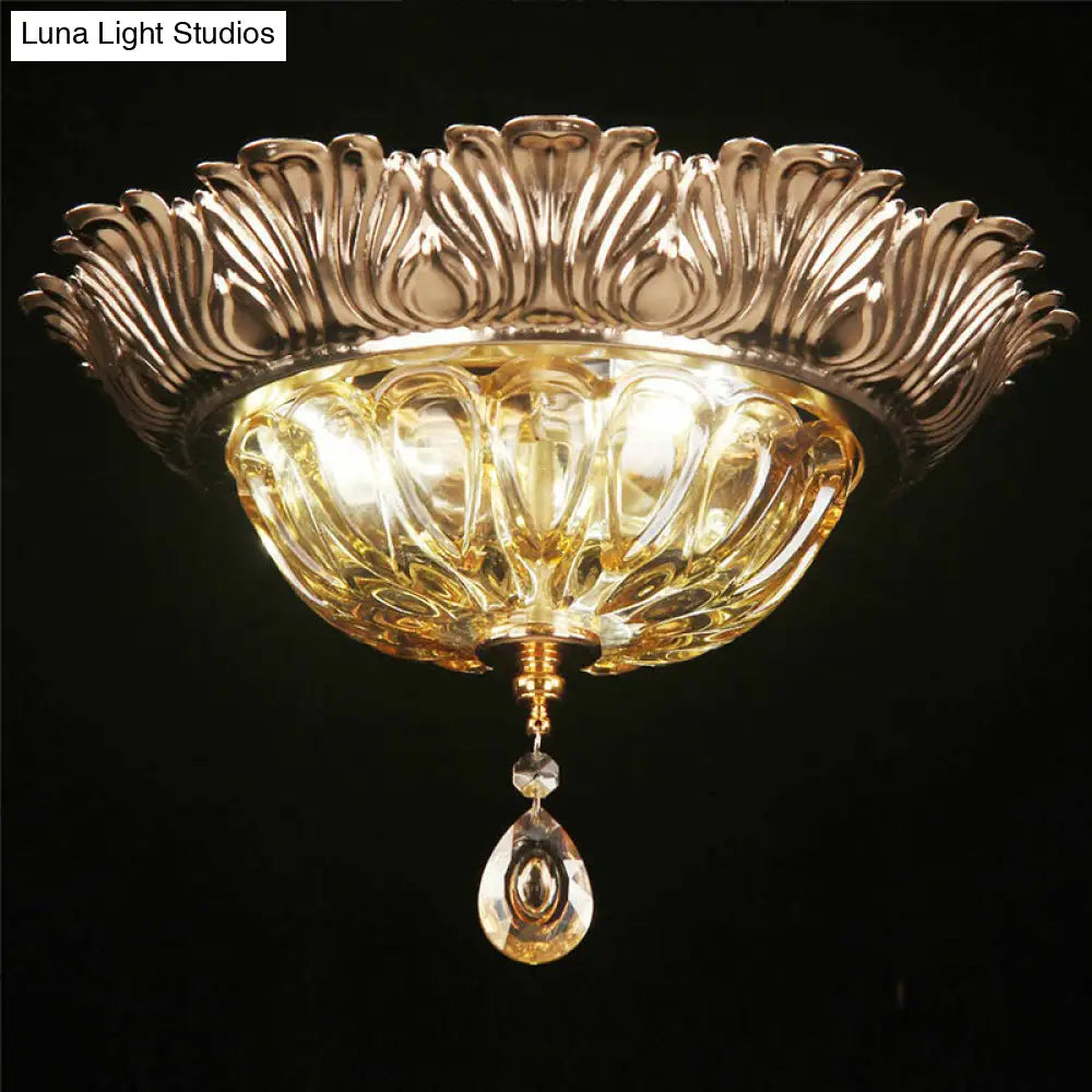 Retro Amber Glass Flush Mount Ceiling Light With Crystal Drop - 3 - Light Bowl Fixture