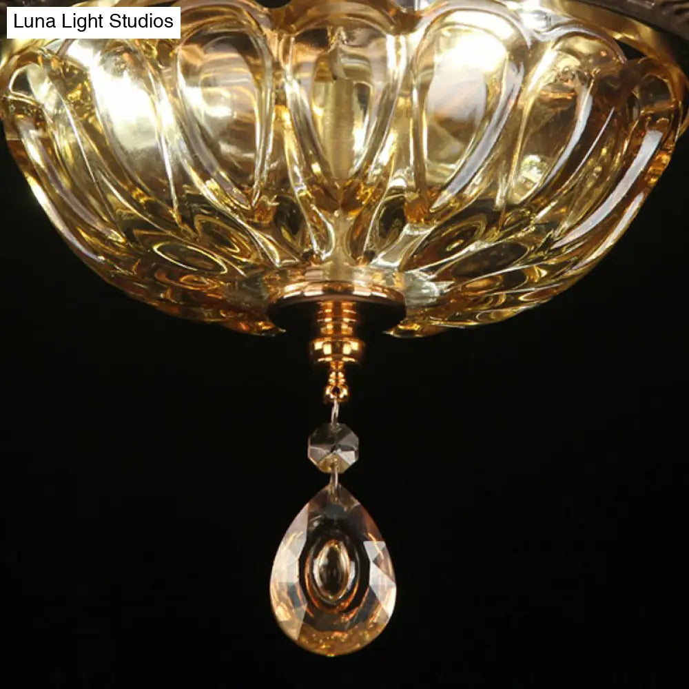 Retro Amber Glass Flush Mount Ceiling Light With Crystal Drop - 3 - Light Bowl Fixture