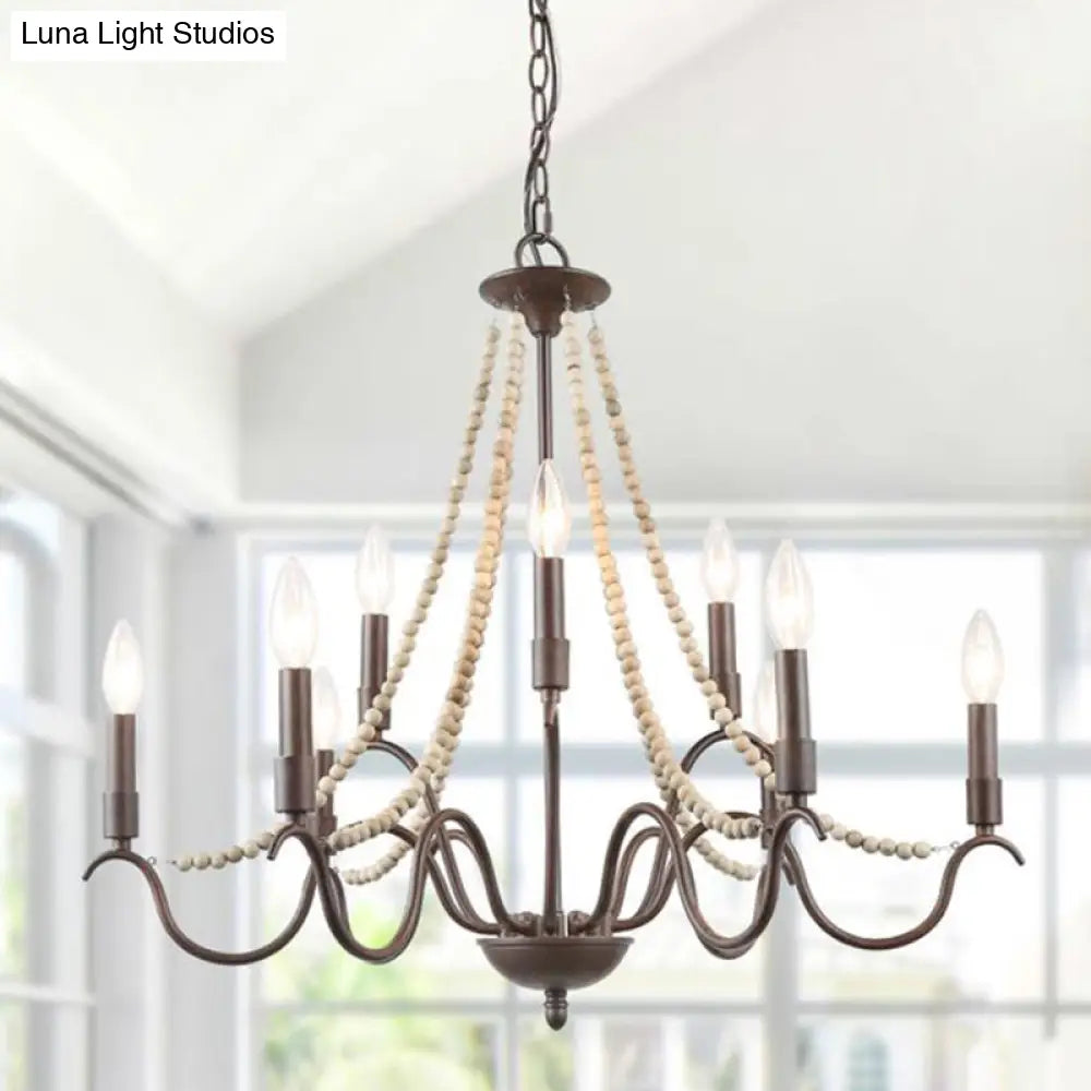 Retro Beaded Wood Chandelier With Metallic Candle - 9-Light Suspension Light In Rust