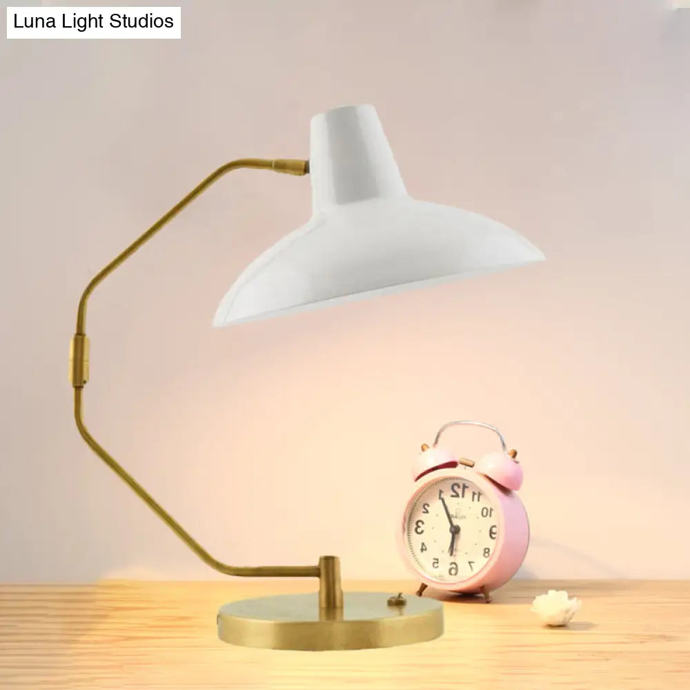 Retro Brass Iron Bow Desk Lamp With Single Bulb And Green/White Wide Bowl Shade
