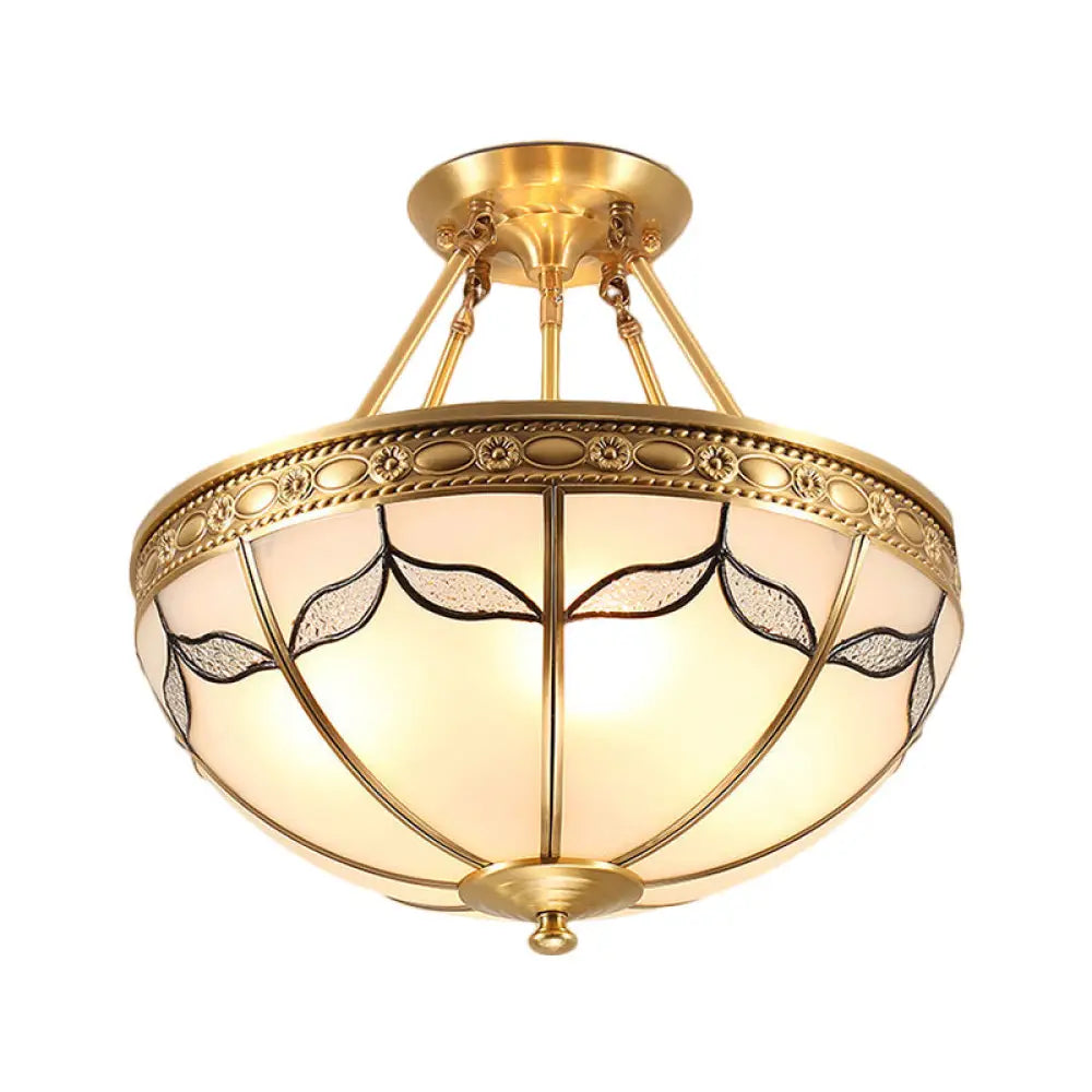 Retro Dome Ceiling Light With Milkglass & Leaf Pattern - Semi Flush Mount (3/4 Bulbs) Brass Finish