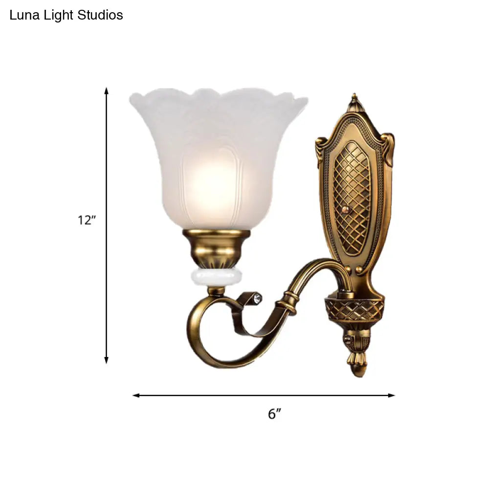 Retro Floral Sconce Light: 1/2-Light Vintage White Glass Wall Fixture With Metal Curved Arm In
