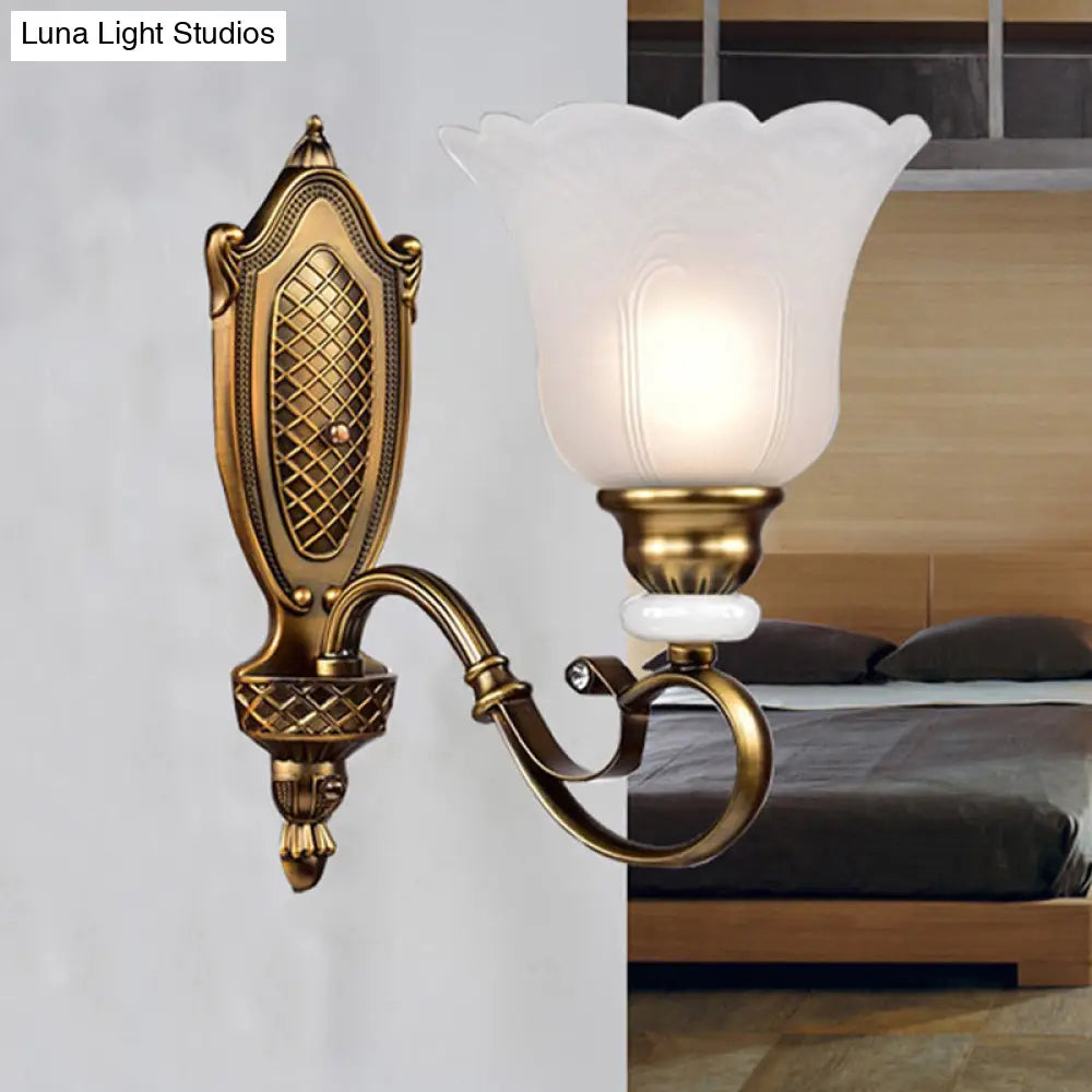Retro Floral Sconce Light: 1/2-Light Vintage White Glass Wall Fixture With Metal Curved Arm In
