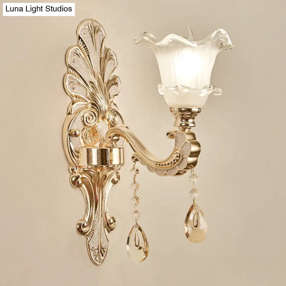 Retro Frosted Glass Sconce With Ruffle Trim & Gold Wall Mount 1/2-Bulb Doorway Light