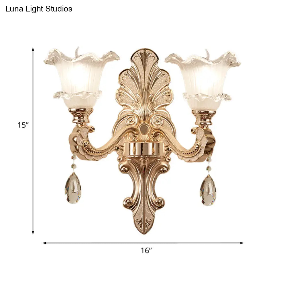 Retro Frosted Glass Sconce With Ruffle Trim & Gold Wall Mount 1/2-Bulb Doorway Light