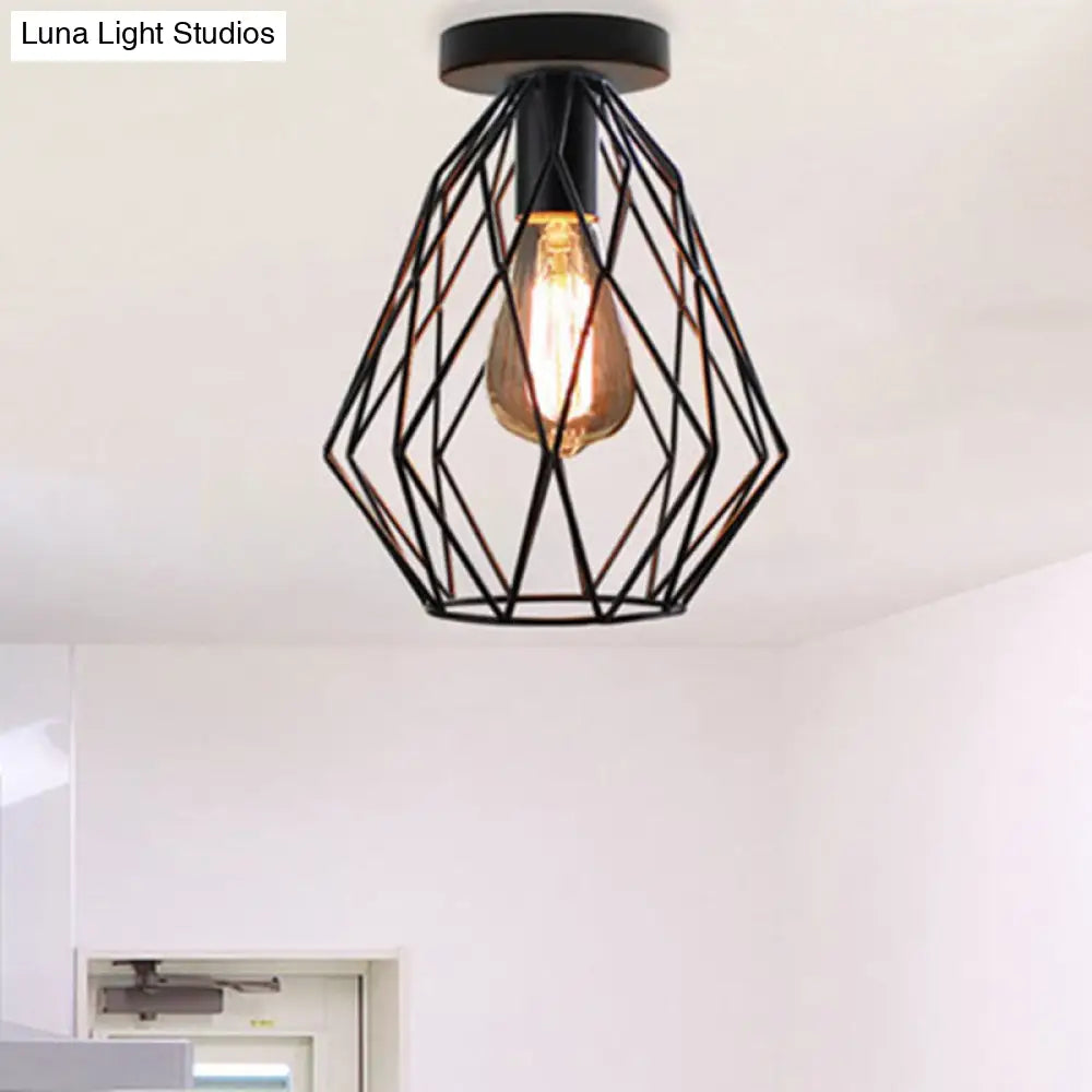 Retro Geometric Cage Ceiling Light: Stylish Iron Semi Flush Mount For Restaurants - Black Design